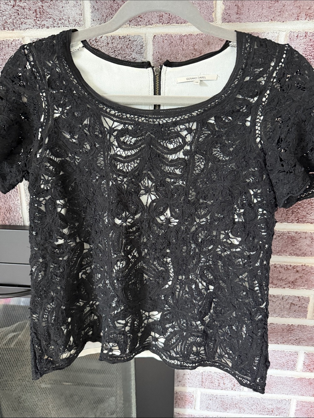 Gerard Darel Black Lace Short Sleeve Blouse